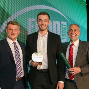 Best Free From Product: Winner - ASDA Minted Lamb Kebabs by Dunbia. (L-R) Harry Bosse of category partner Bosse Interspice, Sam Clayton of Dunbia, with Michel Roux Jr.