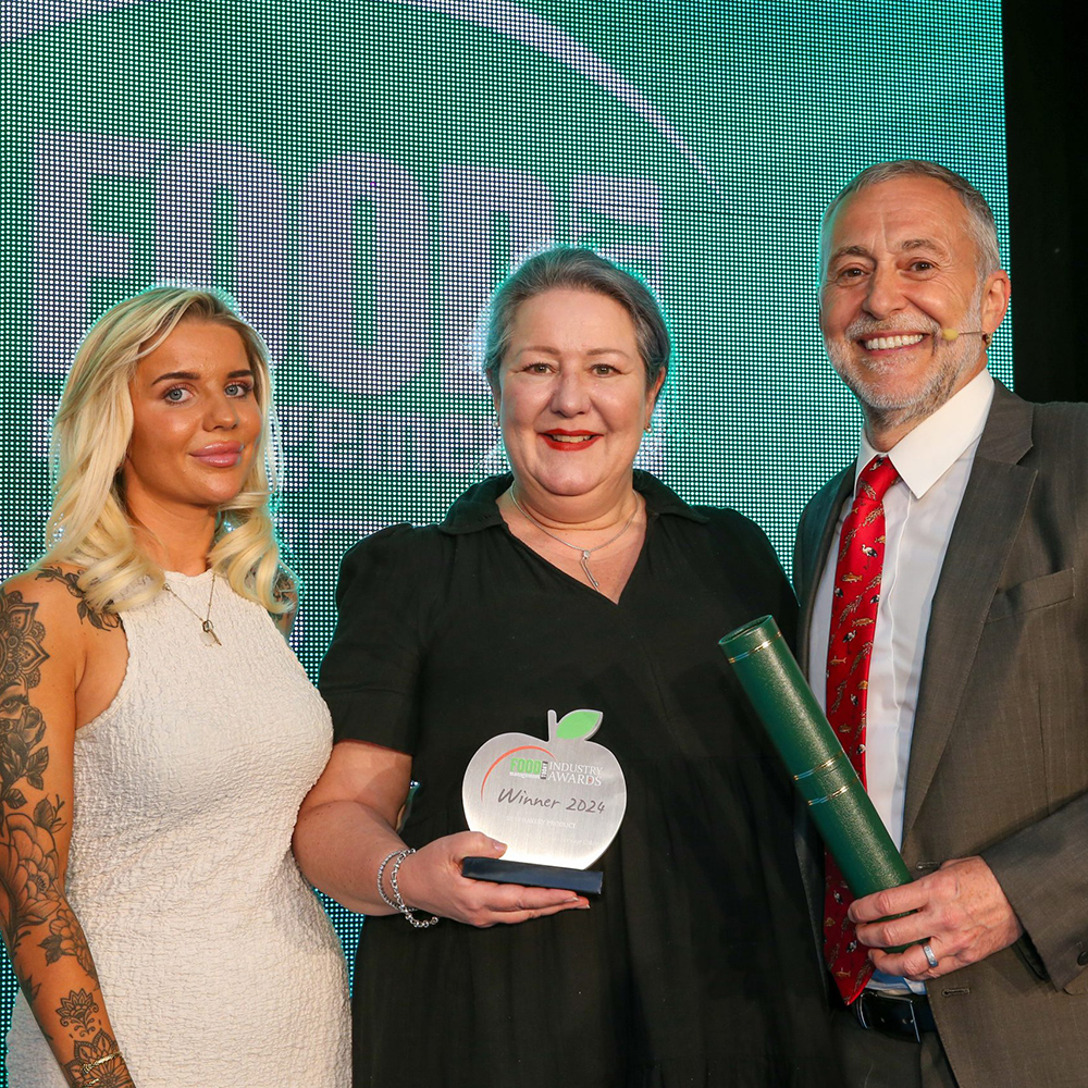 Best Bakery Product: Winner – Chef’s Larder 18 Mini Victoria Sponge Cakes by Booker. (L-R) Madison Kavanagh of category partner Everest People Solutions, Sarah Miller of Booker, with Michel Roux Jr.